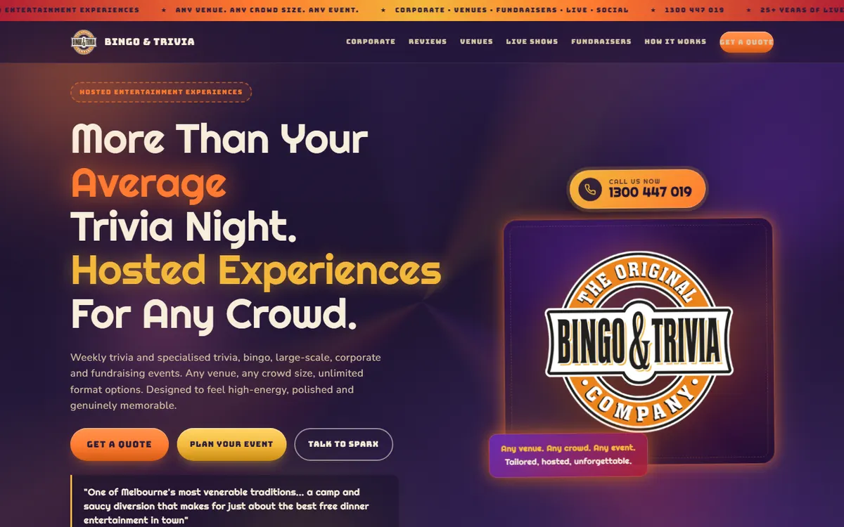 The Original Bingo & Trivia Company homepage: 'More than your average trivia night. Hosted experiences for any crowd.'