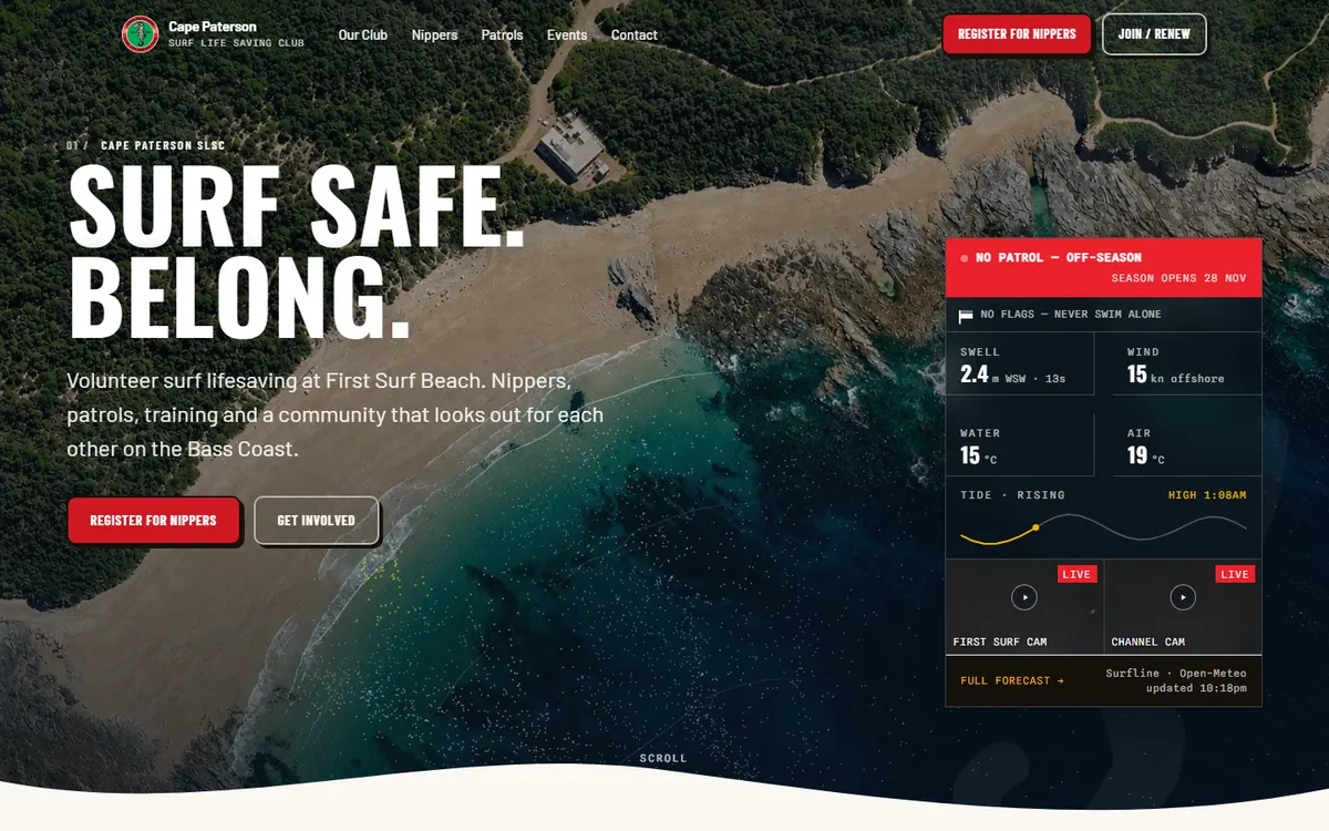 Cape Paterson SLSC website preview: 'Surf safe. Belong.' over an aerial photo of First Surf Beach, with a live conditions panel