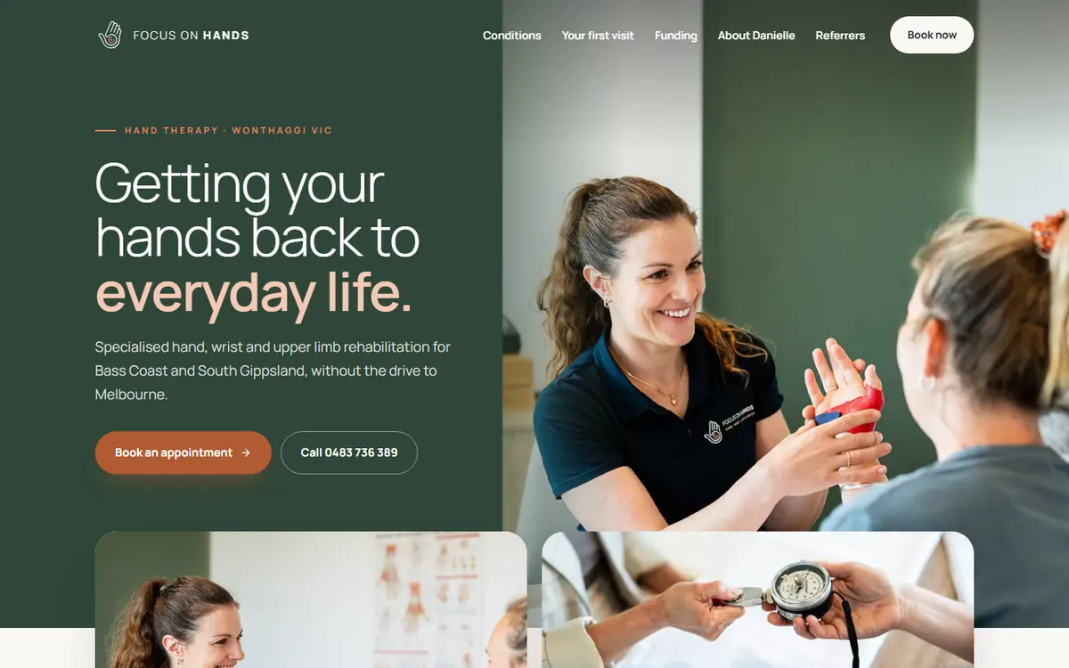 Focus On Hands homepage: 'Getting your hands back to everyday life.' beside a hand therapist treating a patient
